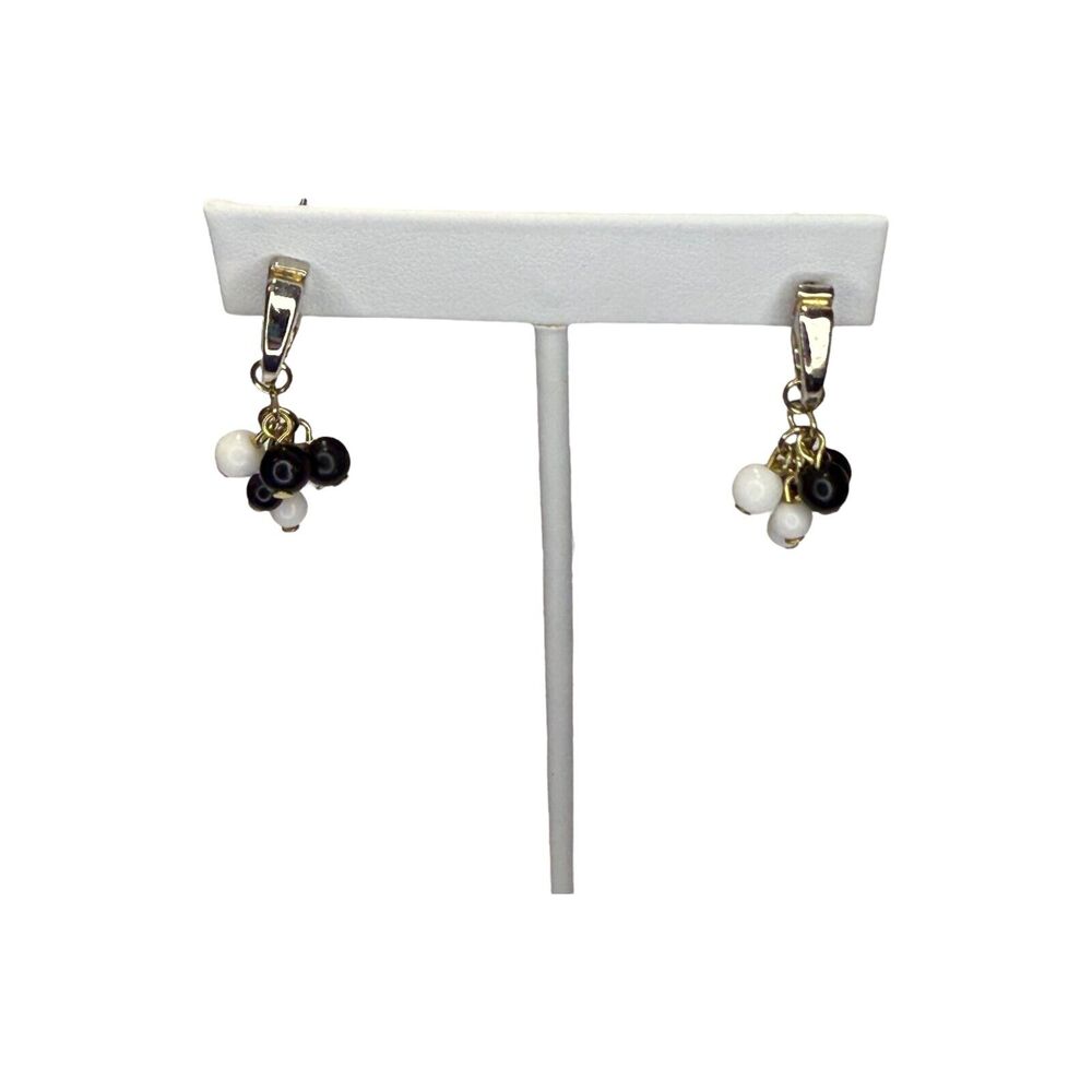 Vintage Silver-Tone Spiral Black White Cluster Beads Dangle Earrings Women's - Picture 1 of 5